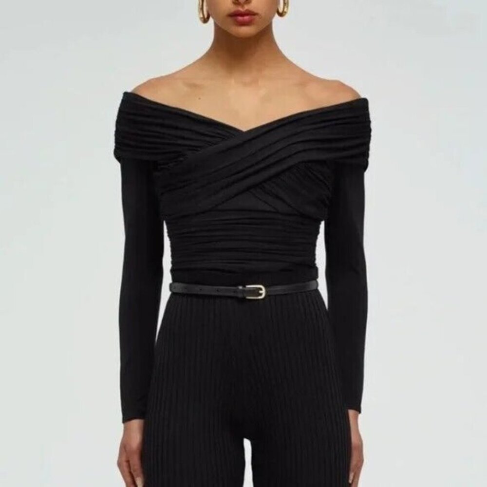 Self-Portrait Black Off the Shoulder Long Sleeve Wrap Top 6